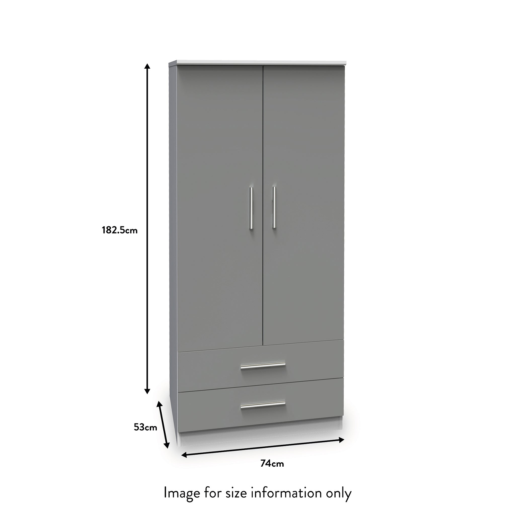Gray wardrobe with two doors and two lower drawers, dimensions displayed as 182.5cm tall, 74cm wide, and 53cm deep. Captioned "Image for size information only."