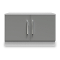 A gray, two-door cabinet with metallic handles stands against a plain background.