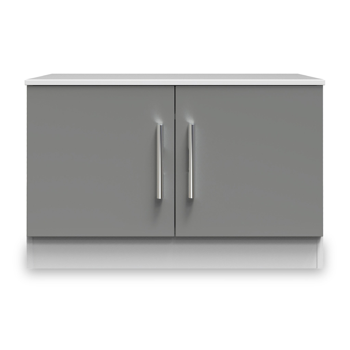 A gray, two-door cabinet with metallic handles stands against a plain background.