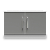 A gray, two-door cabinet with metallic handles stands against a plain background.