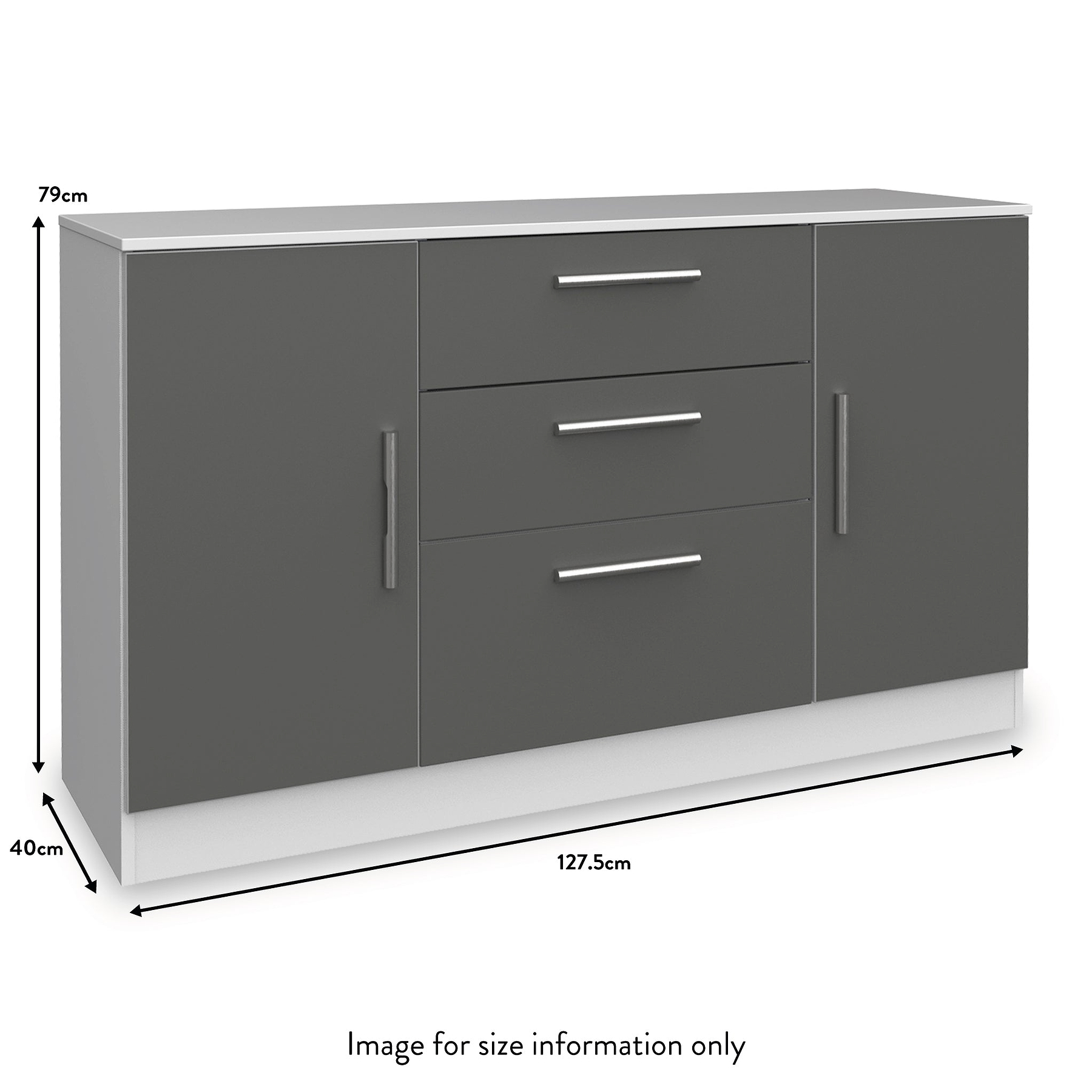 A gray sideboard with dimensions: 79cm height, 127.5cm width, 40cm depth. The furniture has two doors and three drawers with metal handles. Bottom text: "Image for size information only".