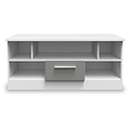 A white, modern TV stand with open shelving and a closed drawer, isolated against a white background.
