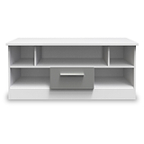 A white, modern TV stand with open shelving and a closed drawer, isolated against a white background.