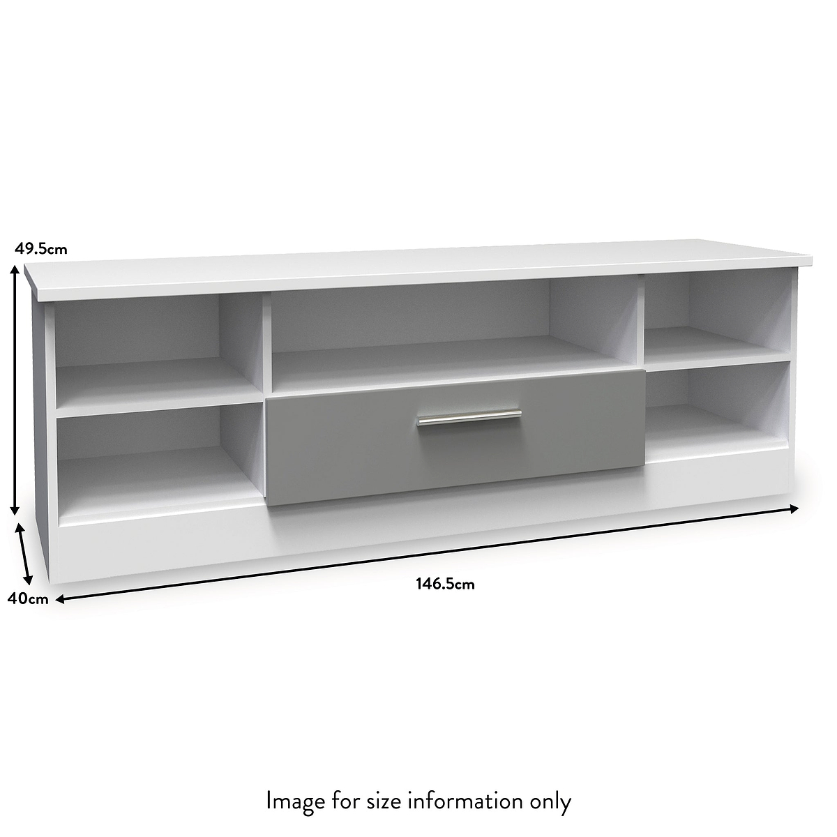A white, low-profile TV stand with multiple compartments and a drawer, accompanied by dimension labels: 49.5cm high, 146.5cm wide, and 40cm deep. The image is labeled "Image for size information only."