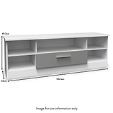 A white, low-profile TV stand with multiple compartments and a drawer, accompanied by dimension labels: 49.5cm high, 146.5cm wide, and 40cm deep. The image is labeled "Image for size information only."