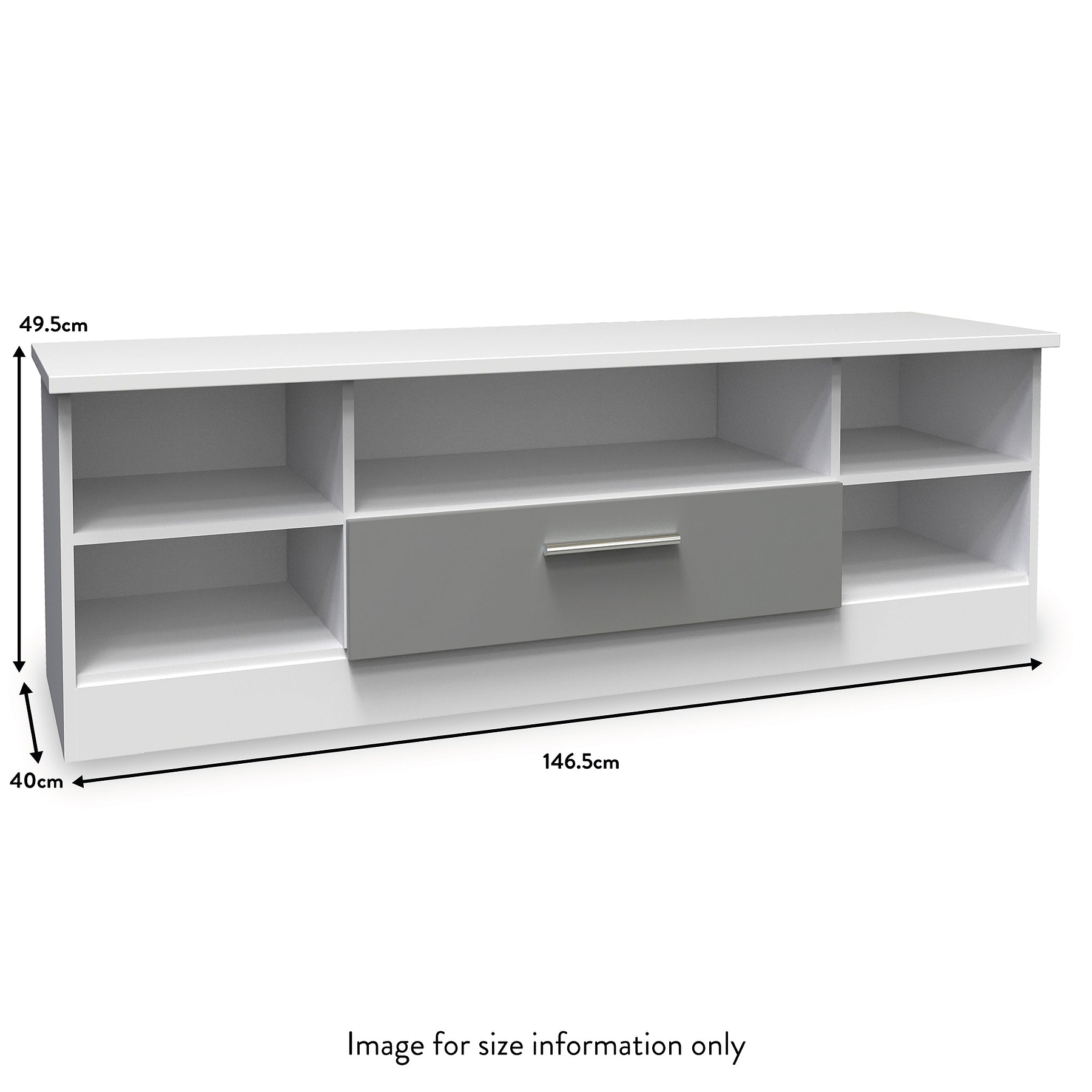 A white, low-profile TV stand with multiple compartments and a drawer, accompanied by dimension labels: 49.5cm high, 146.5cm wide, and 40cm deep. The image is labeled "Image for size information only."