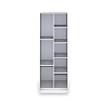 A tall, empty, gray bookshelf with five shelves stands against a white background.
