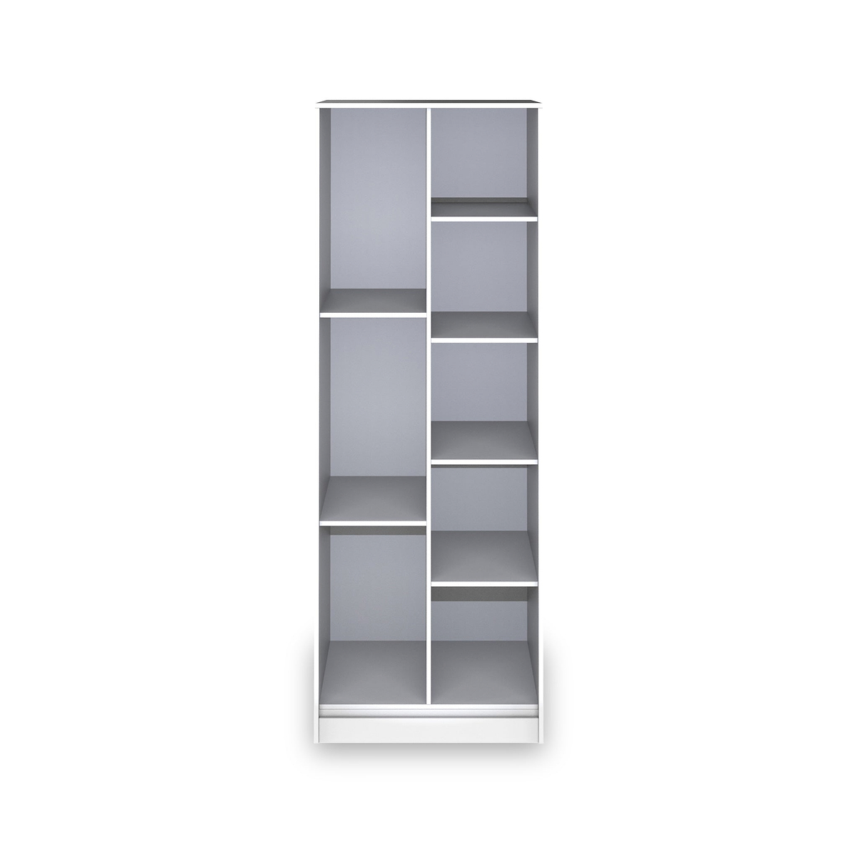 A tall, empty, gray bookshelf with five shelves stands against a white background.