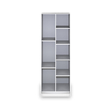 A tall, empty, gray bookshelf with five shelves stands against a white background.