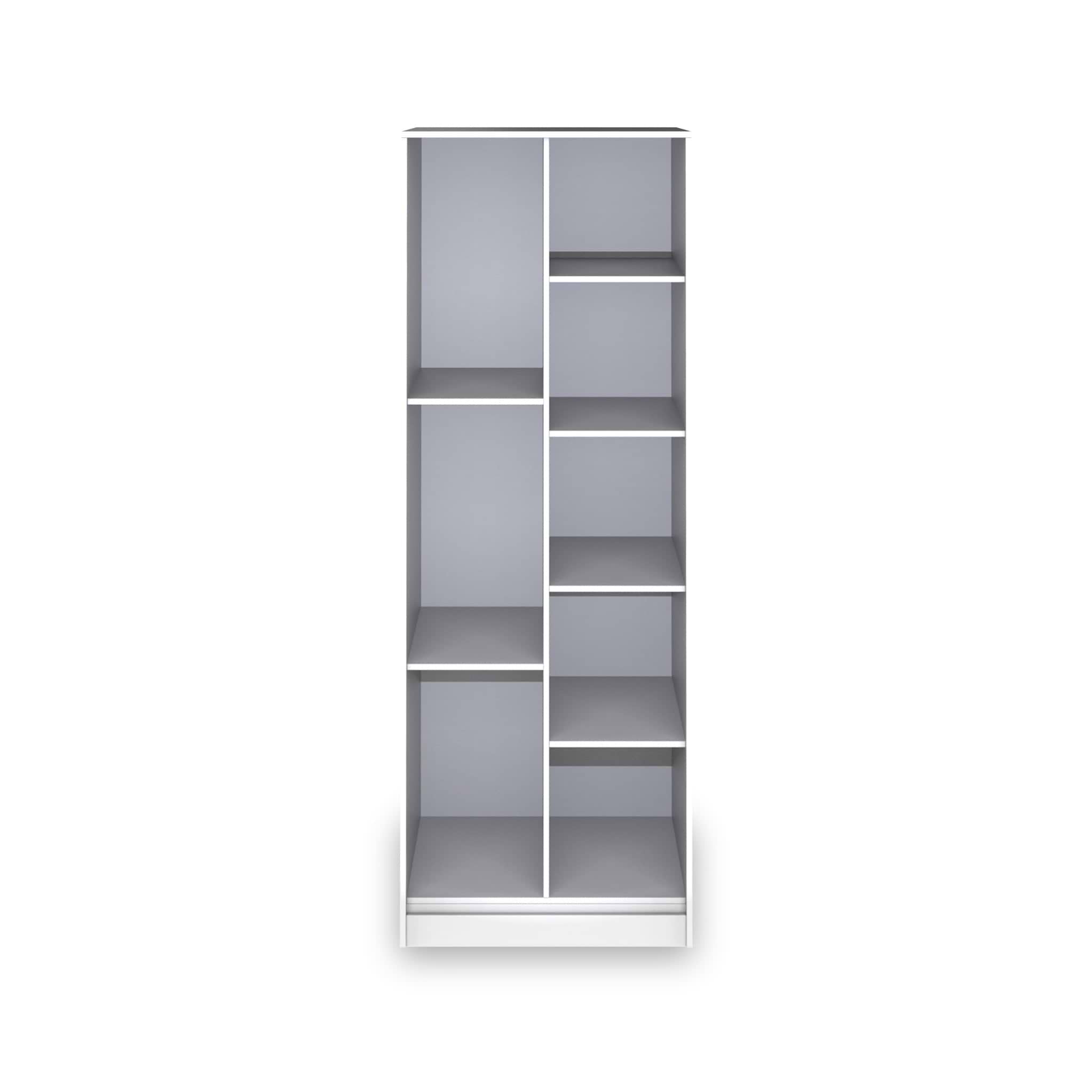 A tall, empty, gray bookshelf with five shelves stands against a white background.
