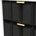 A close-up of a black geometric-patterned cabinet with stylish gold handles against a white edge/frame. There is no text in this image.