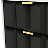 A close-up of a black geometric-patterned cabinet with stylish gold handles against a white edge/frame. There is no text in this image.