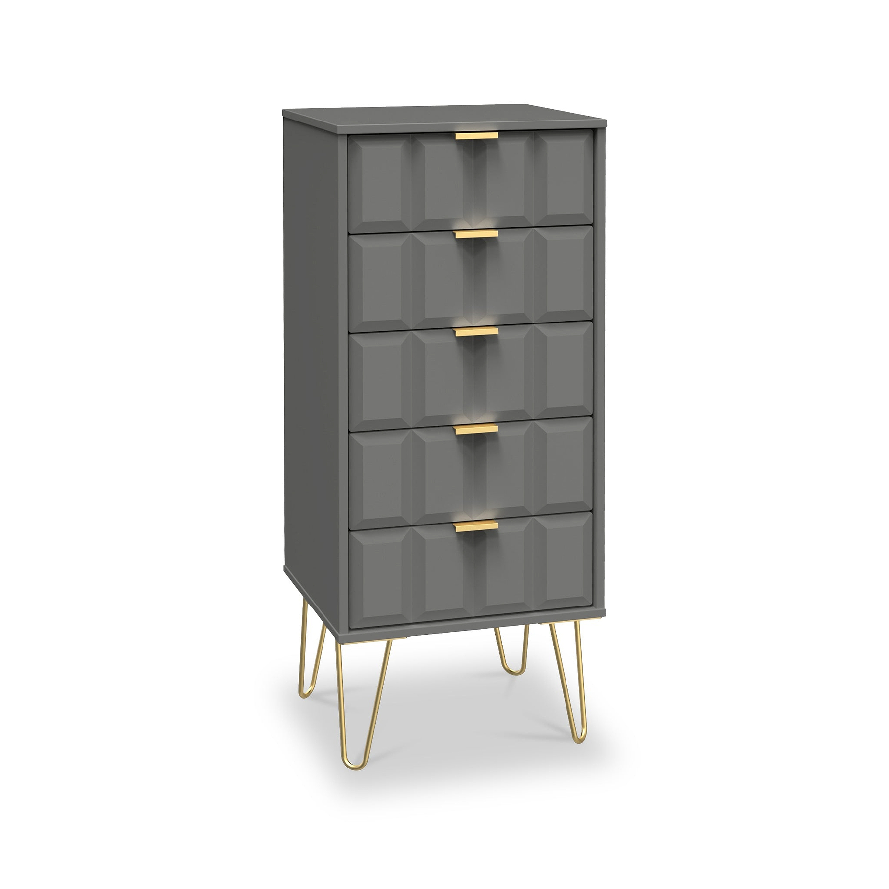 Harlow Grey 5 Drawer Tallboy with Gold Hairpin Legs from Roseland