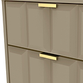 A close-up of a beige cabinet with geometric detailing and gold handles, suggesting a modern interior design element.
