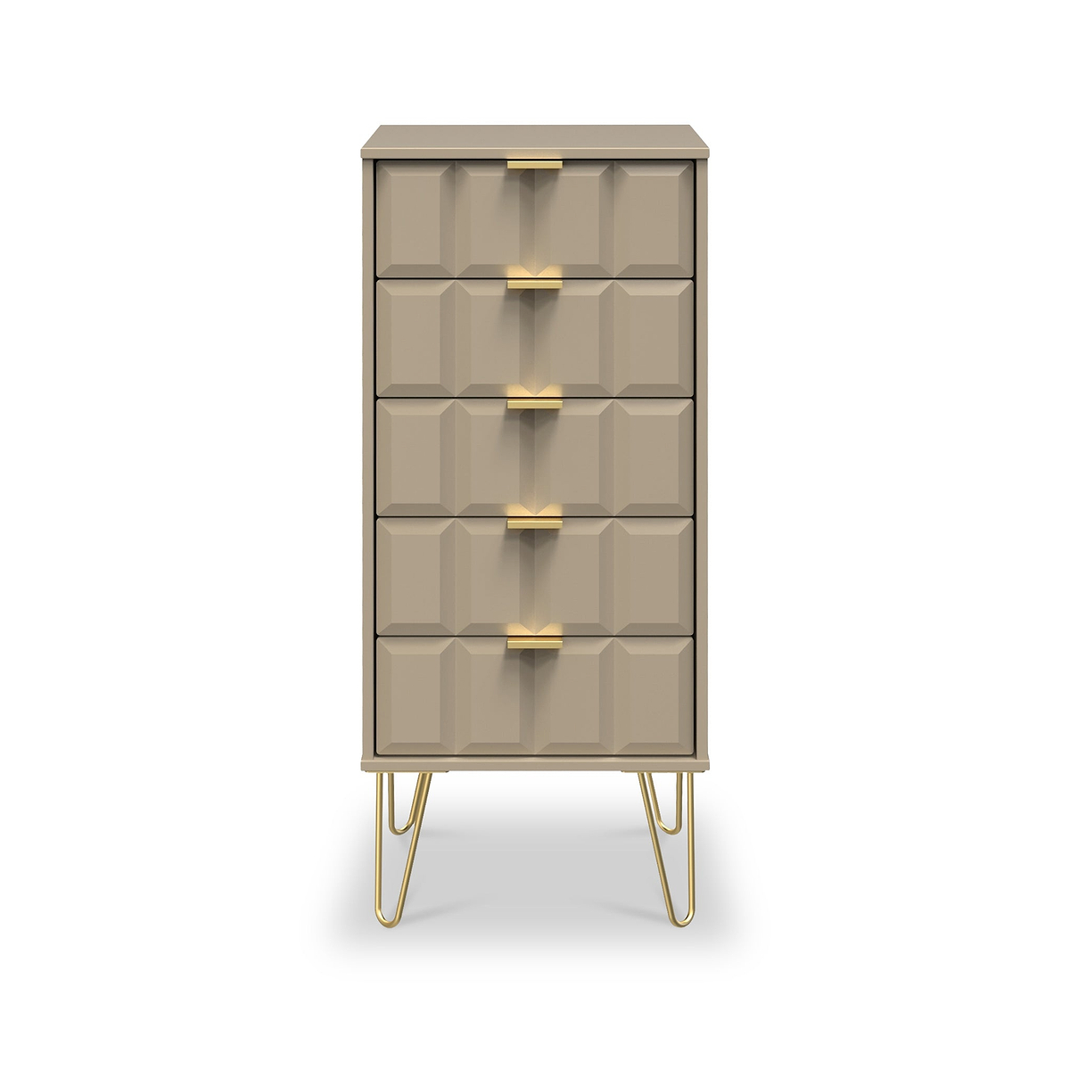 Harlow Taupe 5 Drawer Tallboy with Gold Hairpin Legs