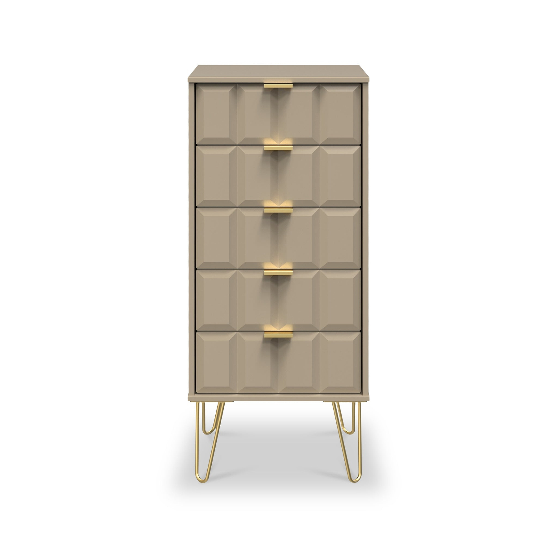 Harlow Taupe 5 Drawer Tallboy with Gold Hairpin Legs