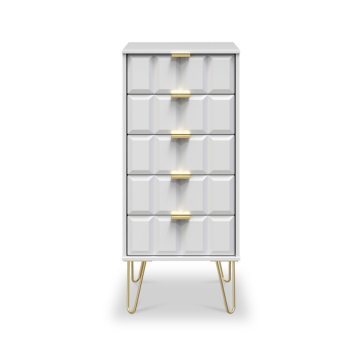 Harlow White 5 Drawer Tallboy with Gold Hairpin Legs