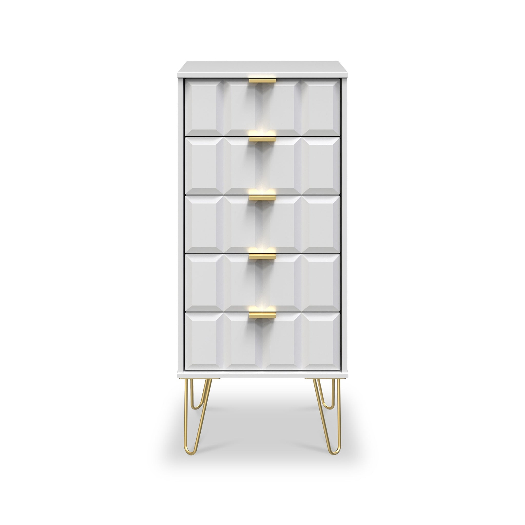 Harlow White 5 Drawer Tallboy with Gold Hairpin Legs