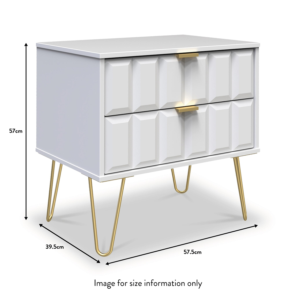 Harlow White 2 Drawer Utility Chest with Gold Hairpin Legs dimensions