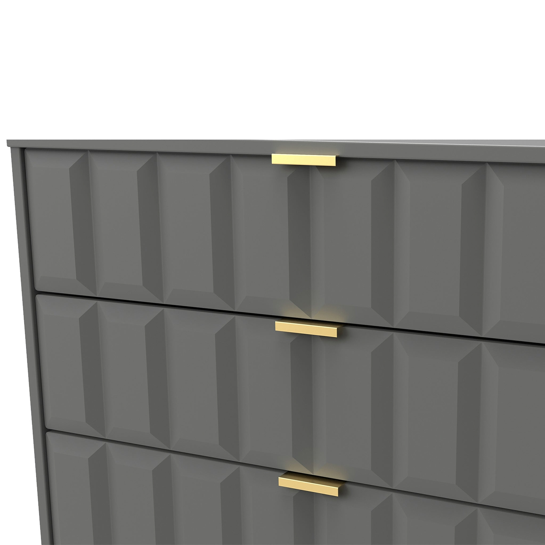 A gray, textured chest of drawers with gold handles stands against a white background.