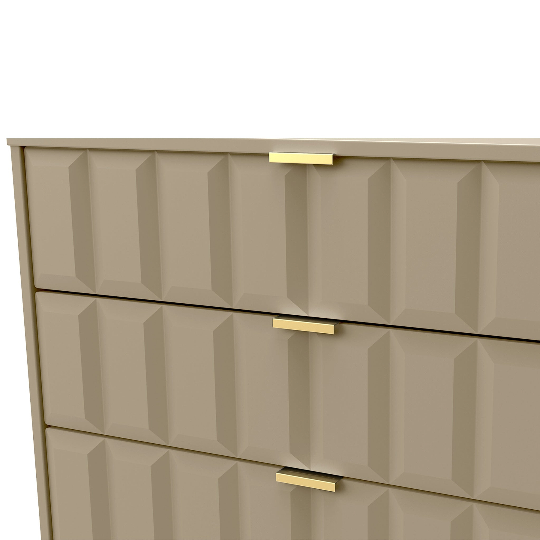A beige geometric-patterned dresser with gold handles partially opens one drawer, revealing a reflection on a glossy surface below.