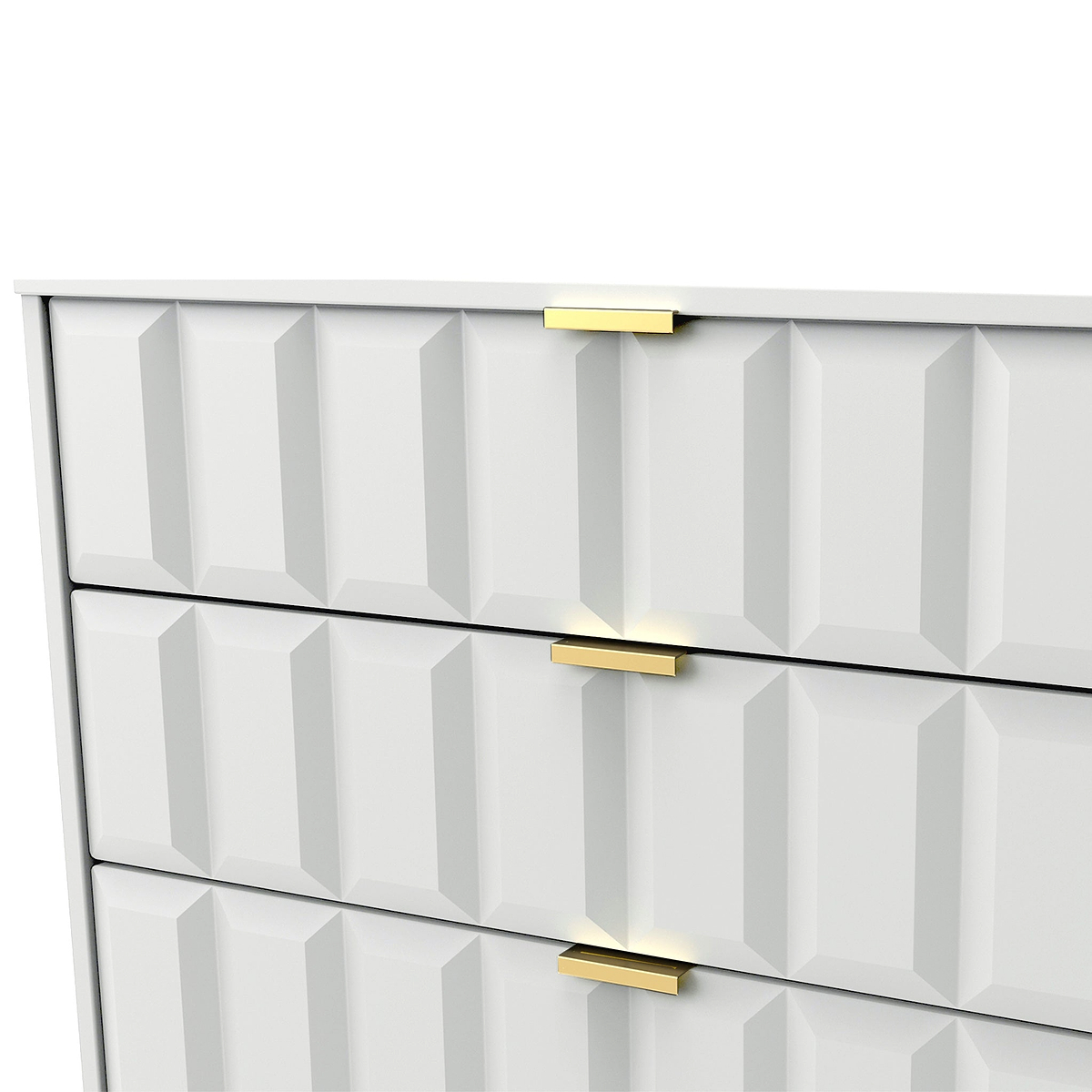 White chest of drawers with a geometric pattern and gold handles against a white background.