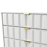 White chest of drawers with a geometric pattern and gold handles against a white background.