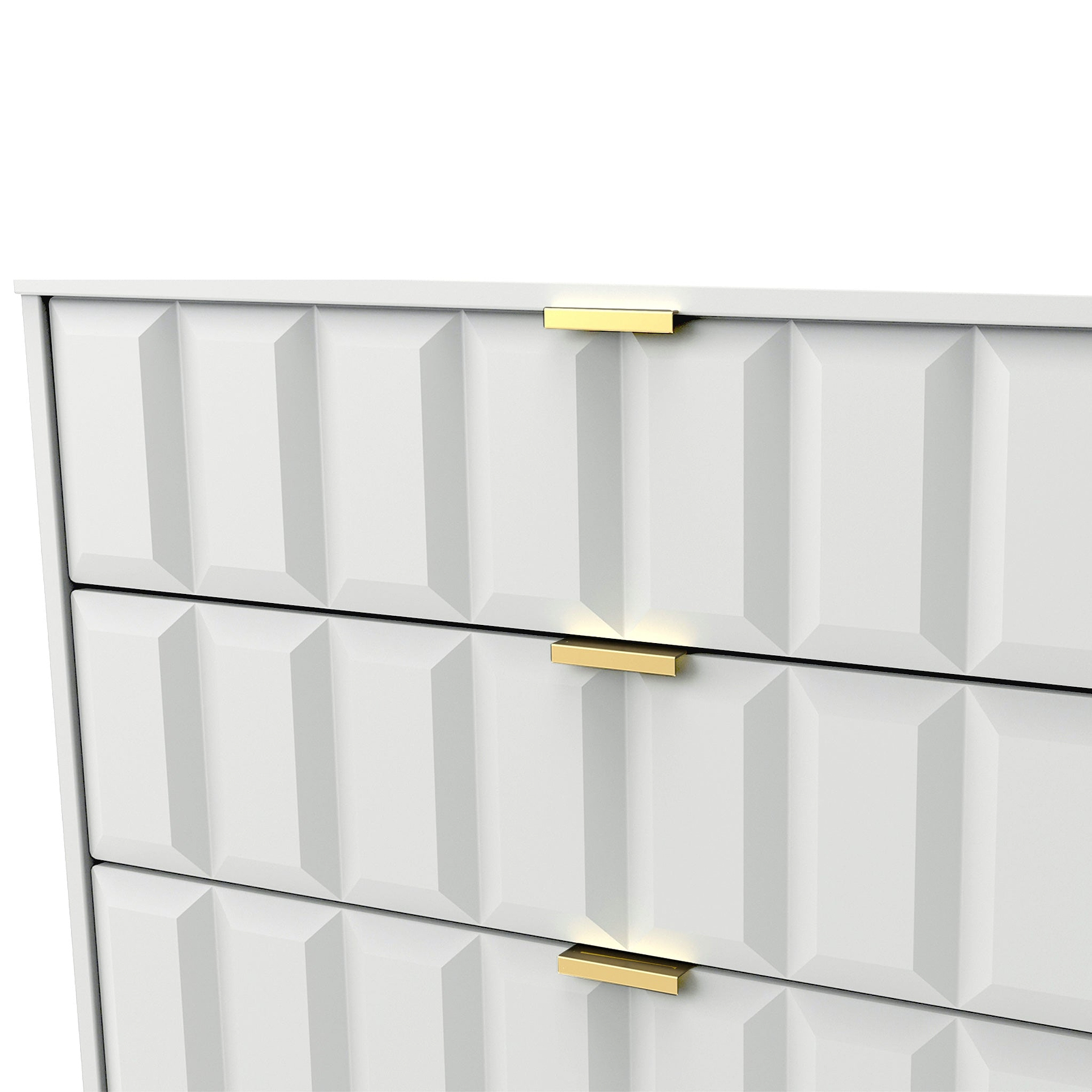 White chest of drawers with a geometric pattern and gold handles against a white background.