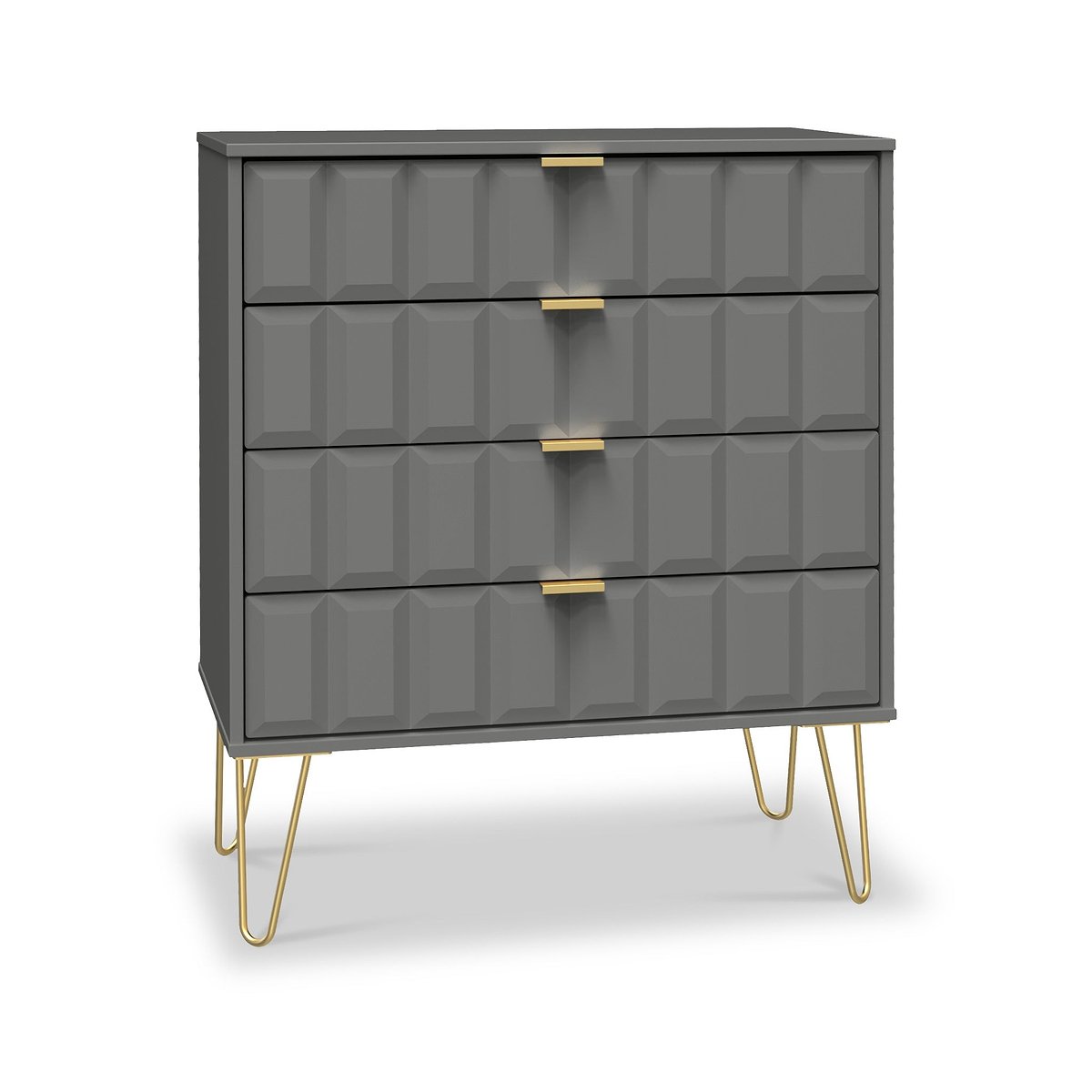 Harlow Grey 4 Drawer Chest with Gold Hairpin Legs from Roseland