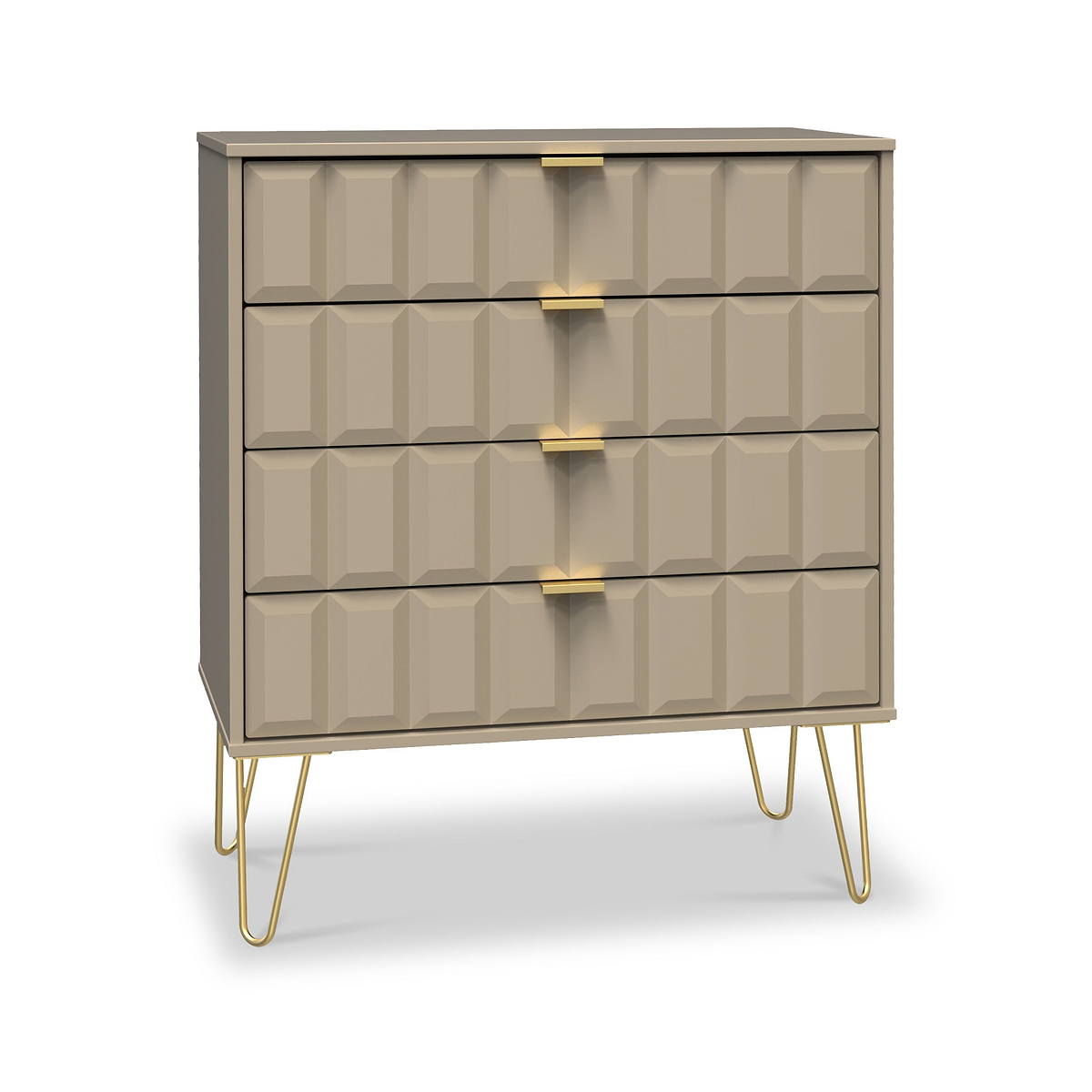 Harlow Taupe 4 Drawer Chest with Gold Hairpin Legs from Roseland
