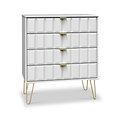 A gray dresser with six drawers featuring golden handles, standing on four slender golden legs against a white background.