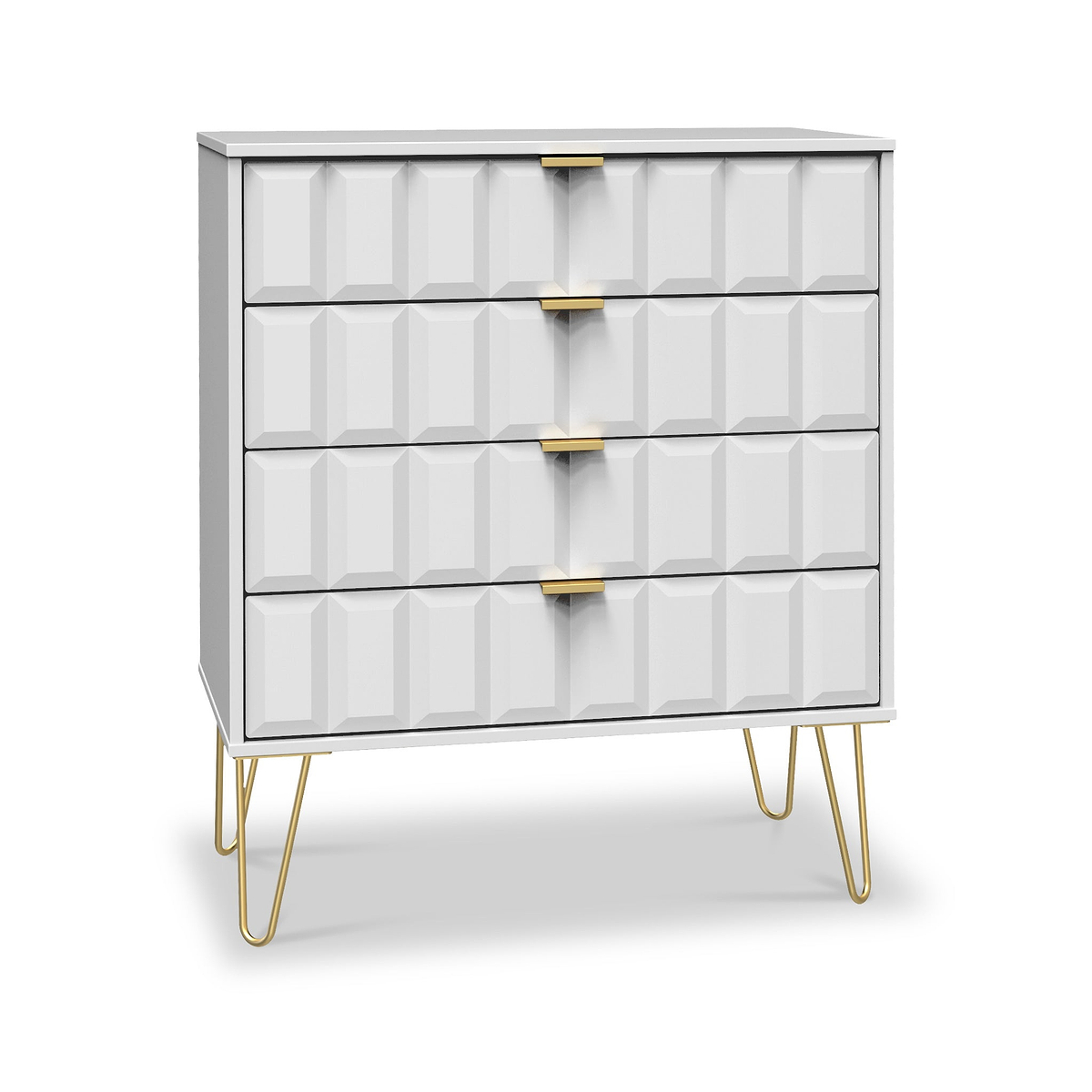 A gray dresser with six drawers featuring golden handles, standing on four slender golden legs against a white background.