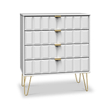 A gray dresser with six drawers featuring golden handles, standing on four slender golden legs against a white background.