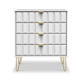 A modern gray dresser with three drawers, featuring gold handles and matching gold-tipped legs, stands against a white background.