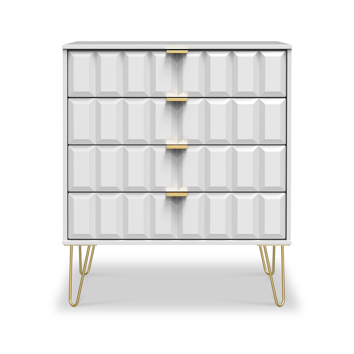 A modern gray dresser with three drawers, featuring gold handles and matching gold-tipped legs, stands against a white background.