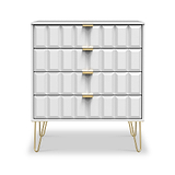 A modern gray dresser with three drawers, featuring gold handles and matching gold-tipped legs, stands against a white background.