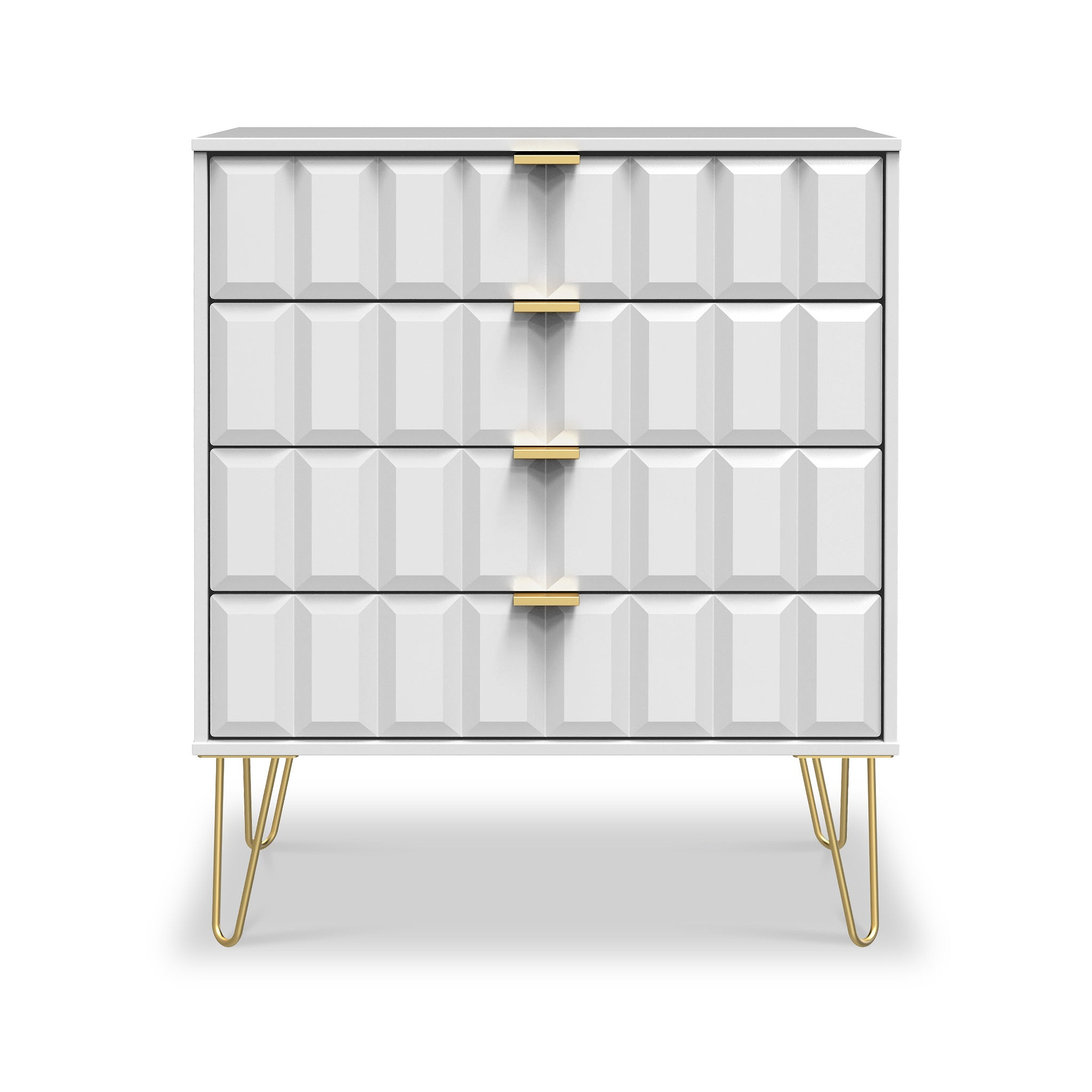 A modern gray dresser with three drawers, featuring gold handles and matching gold-tipped legs, stands against a white background.