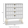 A grey textured dresser with golden handles and legs, displaying dimensions: 91cm high, 76.5cm wide, 39.5cm deep. Text reads "Image for size information only."