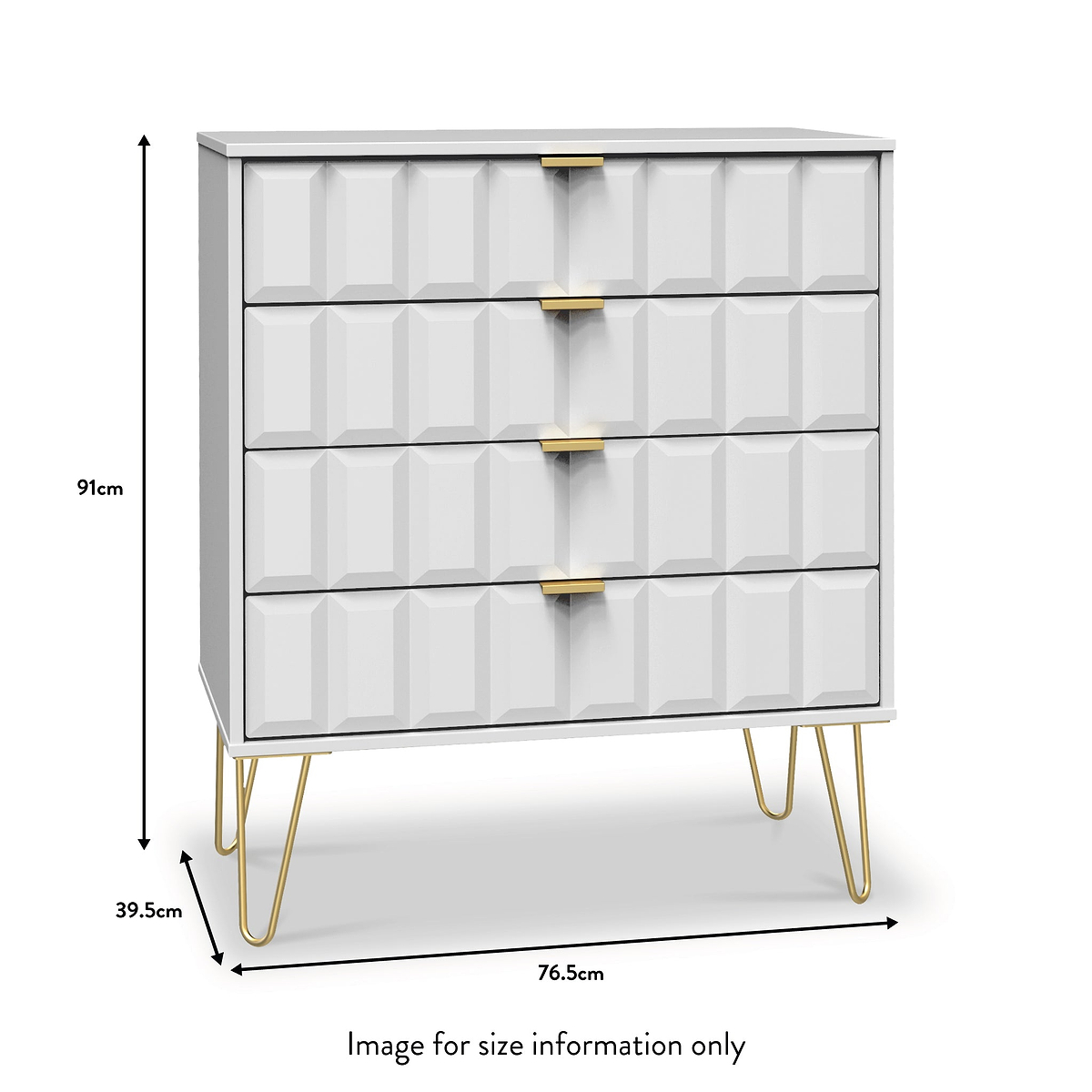 A grey textured dresser with golden handles and legs, displaying dimensions: 91cm high, 76.5cm wide, 39.5cm deep. Text reads "Image for size information only."