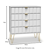 A grey textured dresser with golden handles and legs, displaying dimensions: 91cm high, 76.5cm wide, 39.5cm deep. Text reads "Image for size information only."