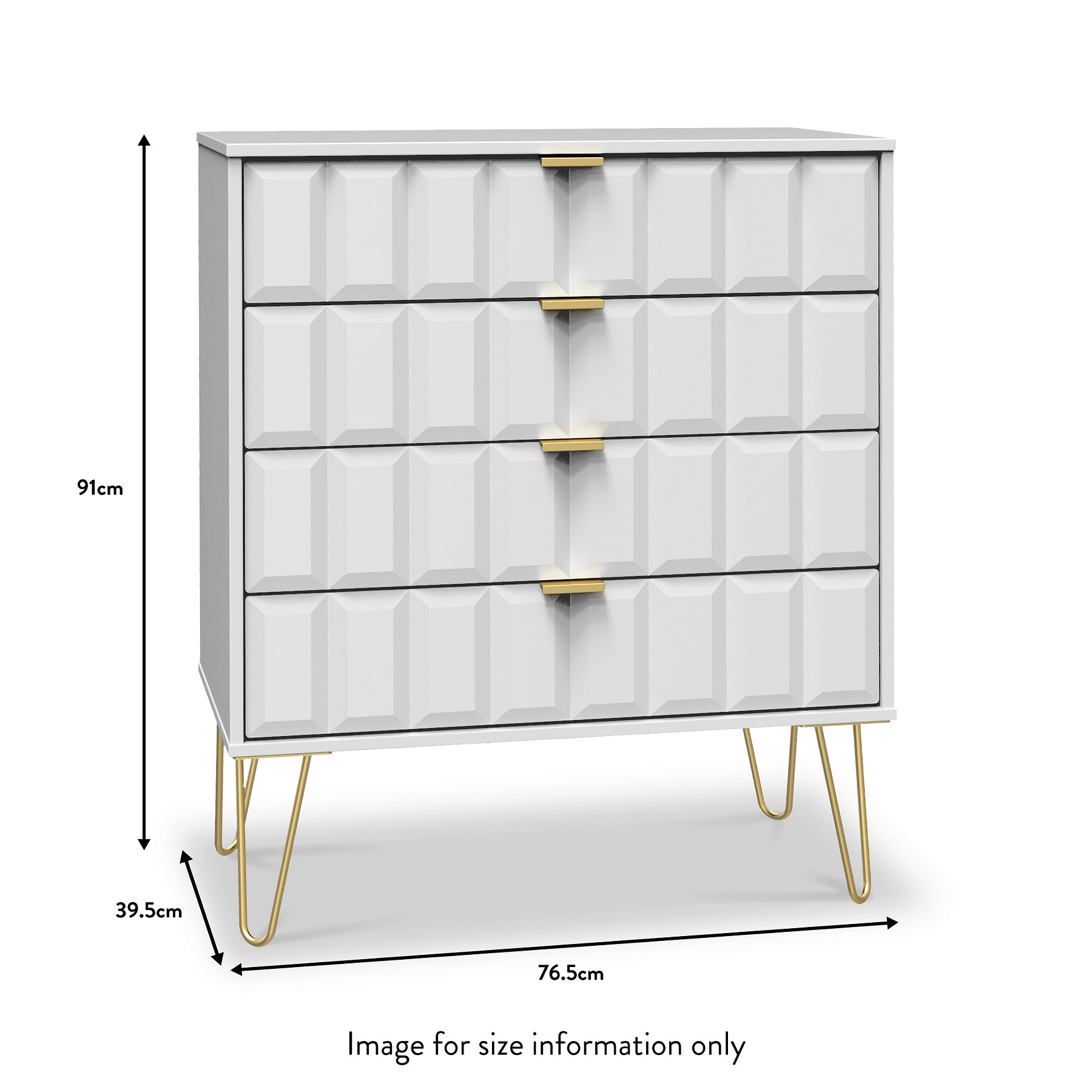 A grey textured dresser with golden handles and legs, displaying dimensions: 91cm high, 76.5cm wide, 39.5cm deep. Text reads "Image for size information only."