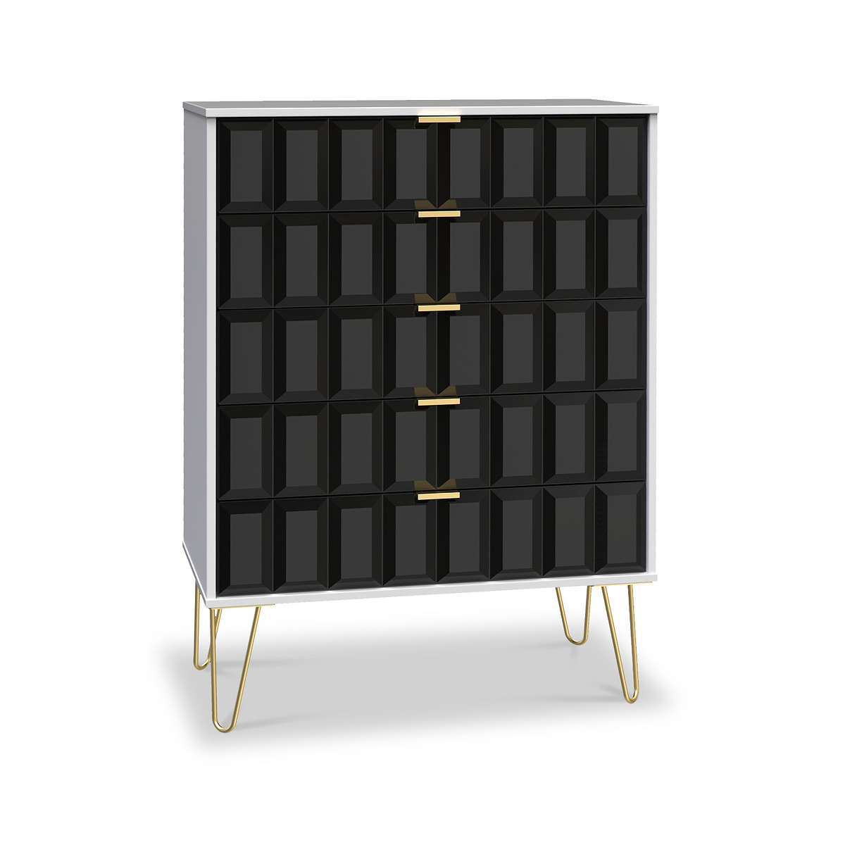Harlow Black & White 5 Drawer Chest with Gold Hairpin Legs from Roseland