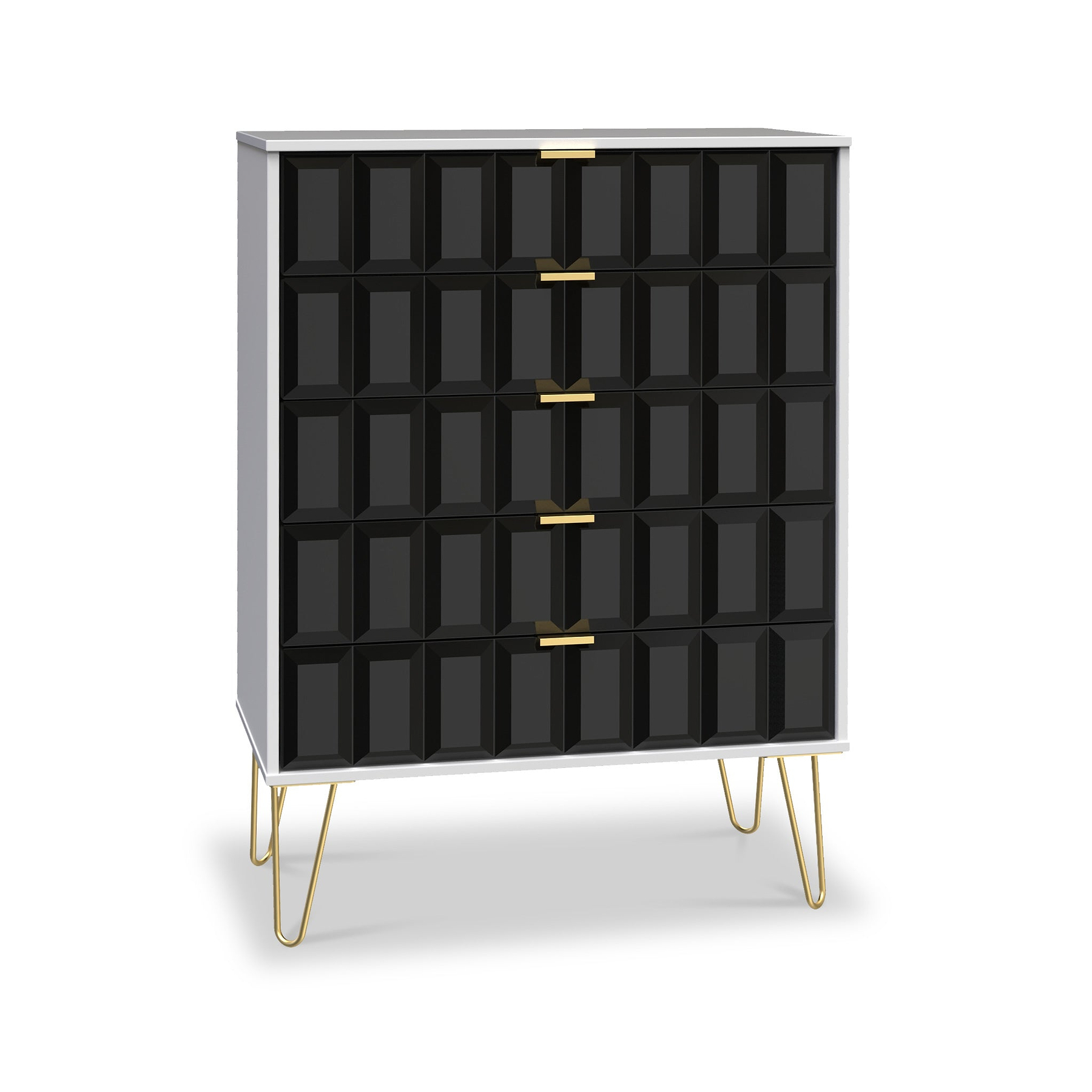 Harlow Black & White 5 Drawer Chest with Gold Hairpin Legs from Roseland
