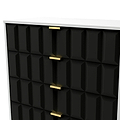 A black textured cabinet with gold handles against a white surface and background.