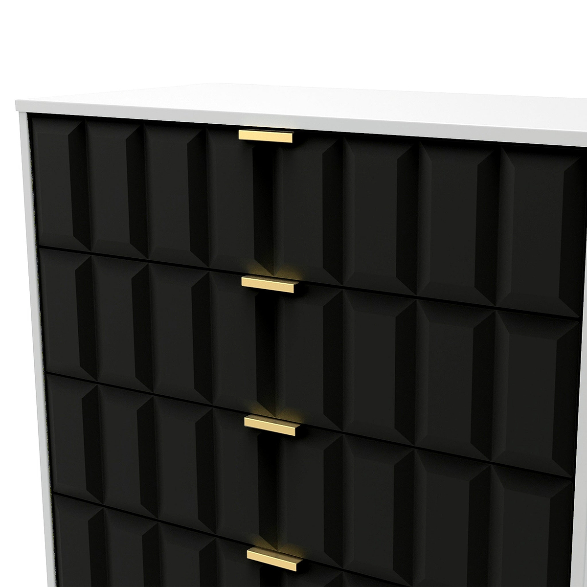 A black textured cabinet with gold handles against a white surface and background.
