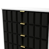 A black textured cabinet with gold handles against a white surface and background.