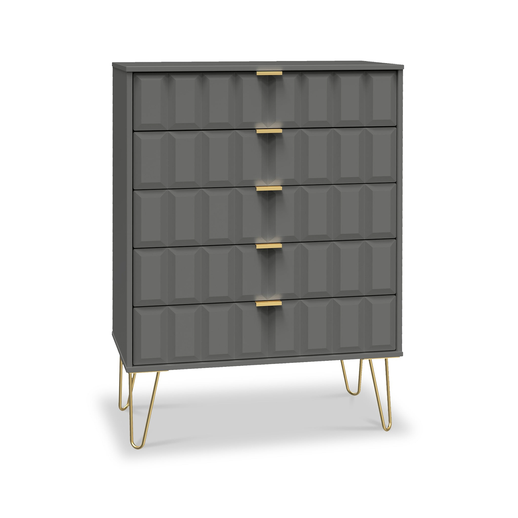 Harlow Grey 5 Drawer Chest with Gold Hairpin Legs from Roseland