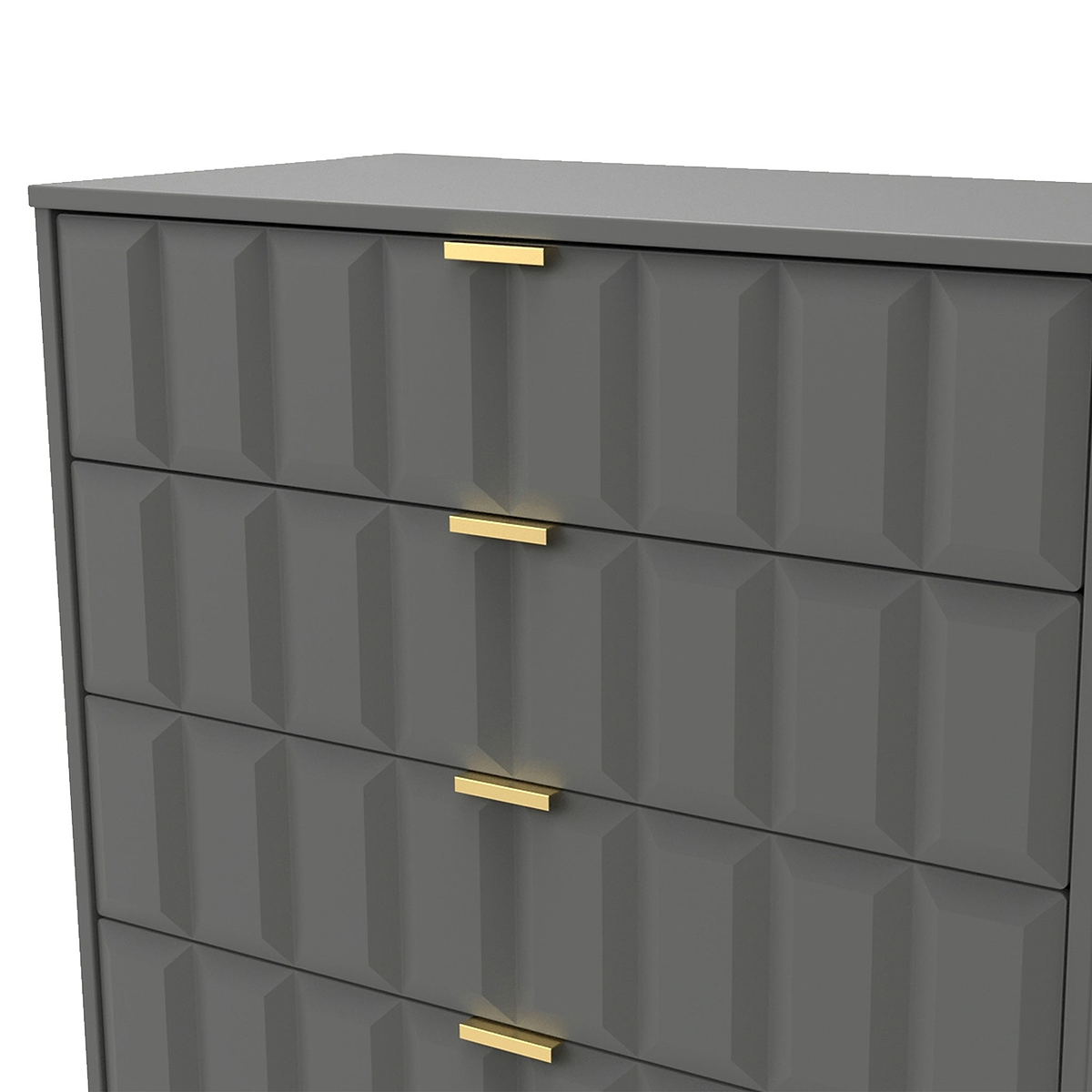 A grey chest of drawers with golden handles stands against an isolated background, its geometric facade creating a contemporary aesthetic.