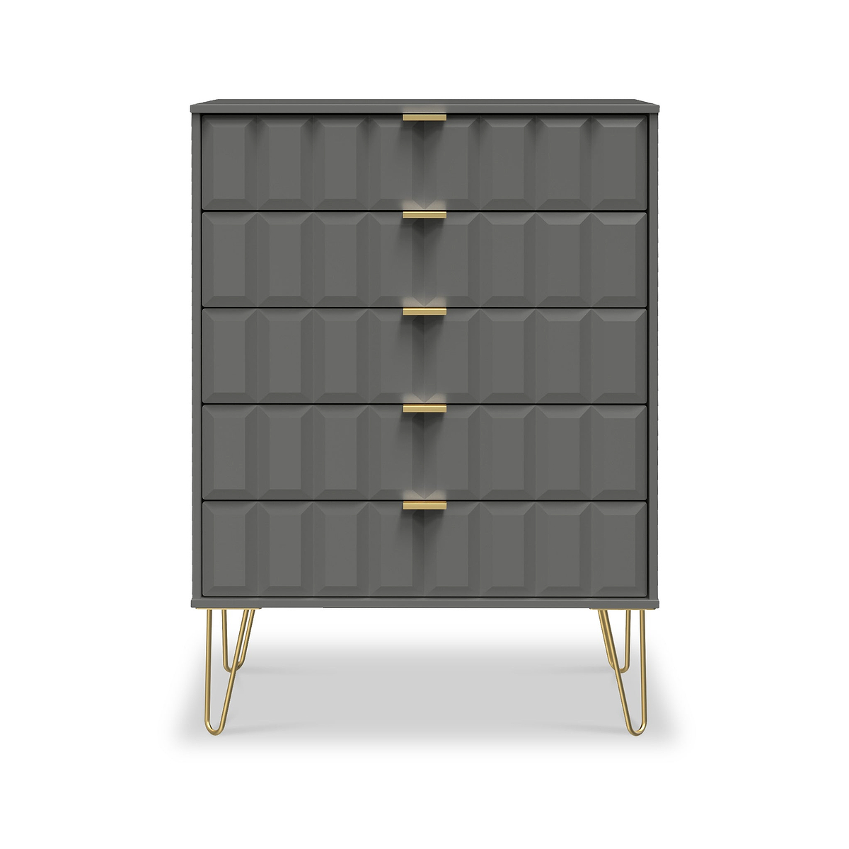 Harlow Grey 5 Drawer Chest with Gold Hairpin Legs