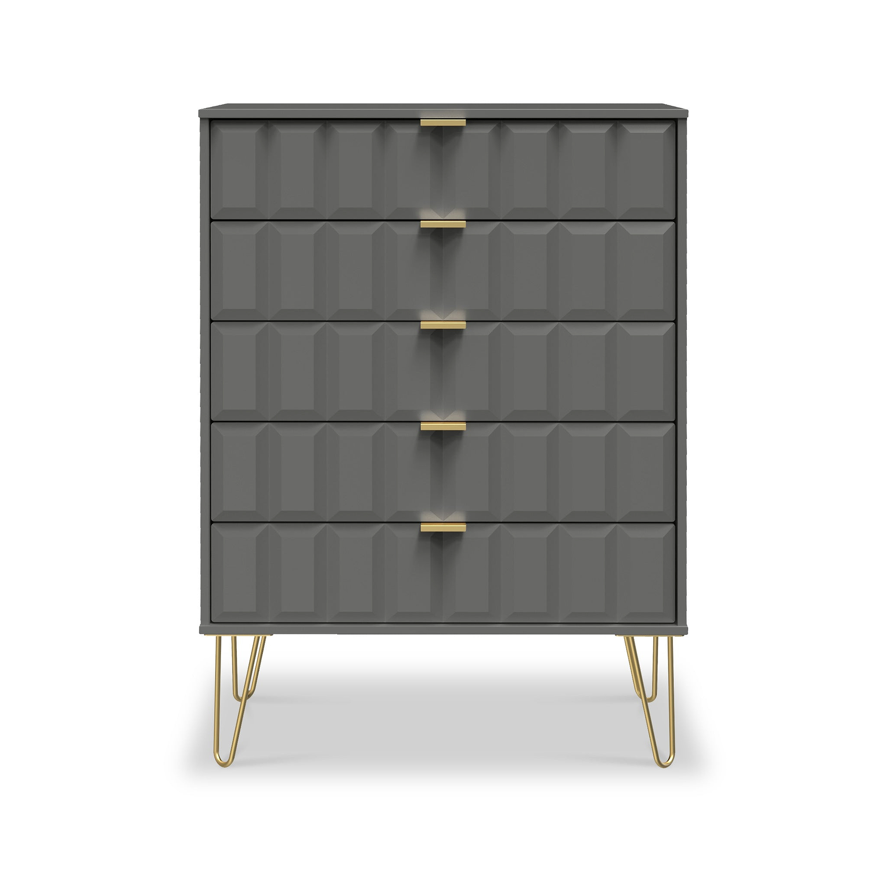Harlow Grey 5 Drawer Chest with Gold Hairpin Legs